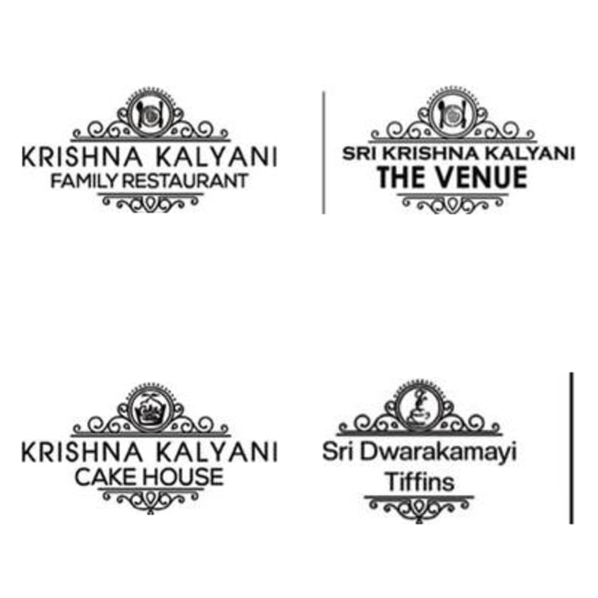 Krishna Kalyani family of brands — Restaurant, The Venue, Cake House, and Sri Dwarakamayi Tiffins